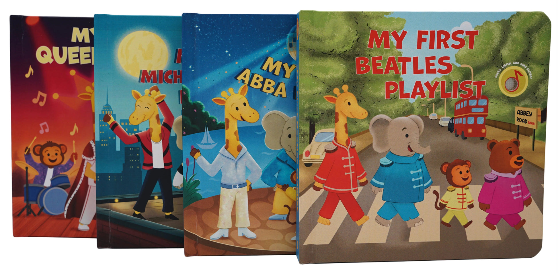 Set of children's books with colorful covers featuring cartoon characters and text.